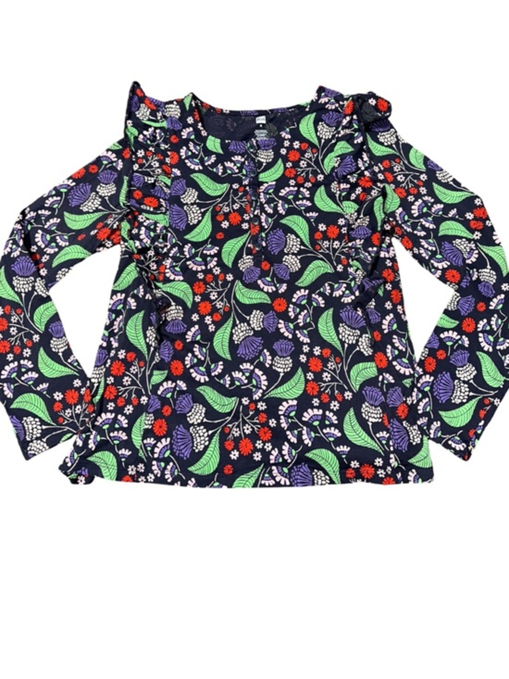 Tea Collection Girl Size 16 Blue Floral Scottish Thistle Print Cotton Ruffle Top